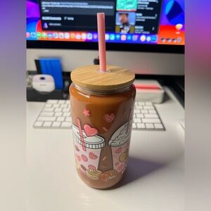 Cute Pink and Brown Tumbler with Straw